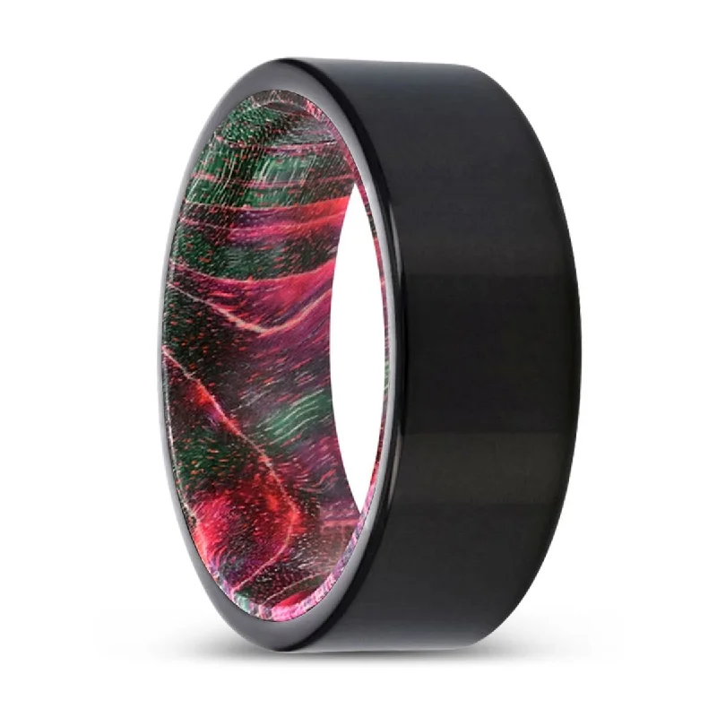 Women’s twisted band ring-GOOSEBERRY | Green & Red Wood, Black Tungsten Ring, Shiny, Flat