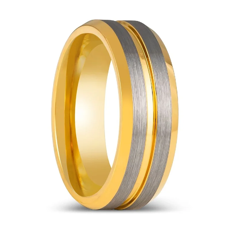 Women’s luxurious diamond ring-GLEAMLINE | Yellow Gold Tungsten Ring, Grooved Center Beveled Edge