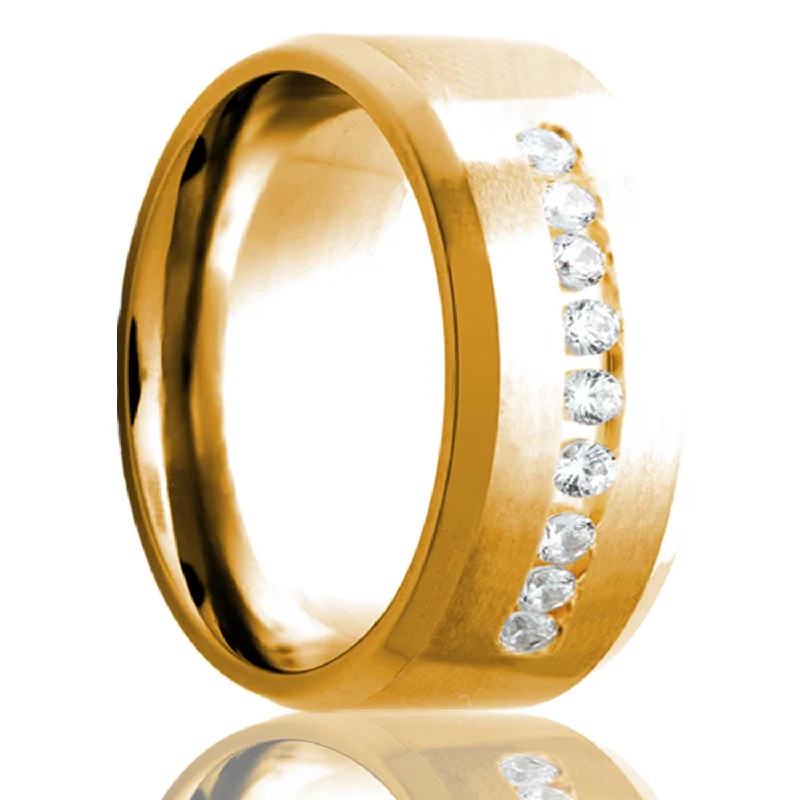 Women’s diamond engagement rings with a twist-Satin Finish 14k Gold Wedding Band with Beveled Edges & Nine Diamonds