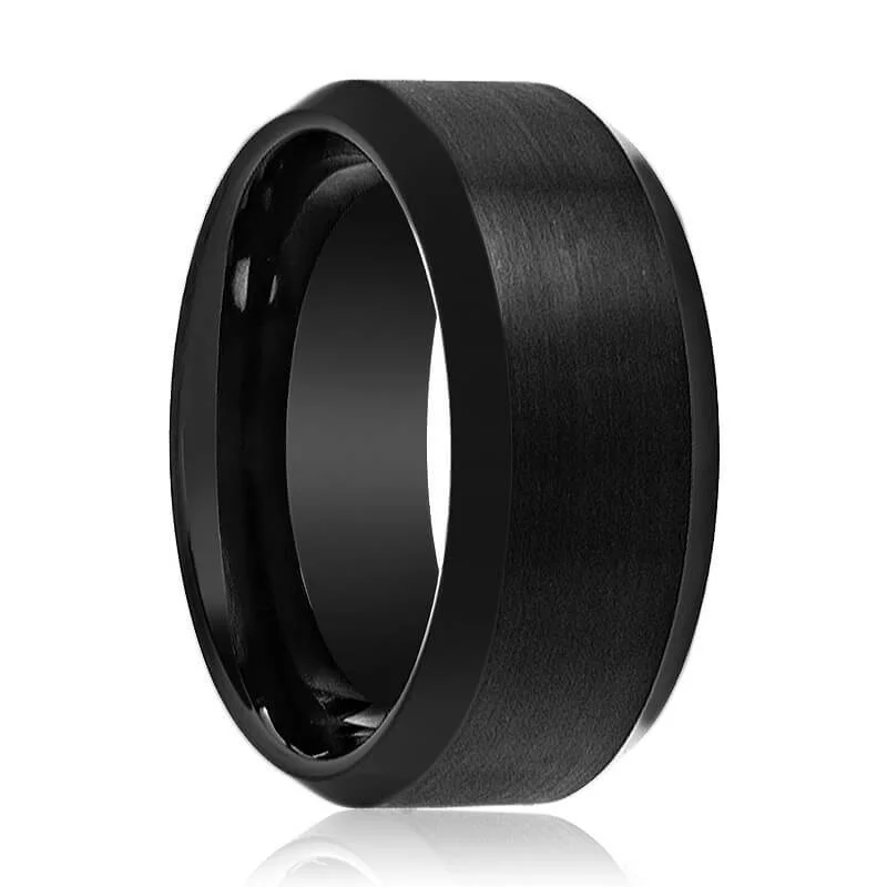 Women’s rose gold diamond ring-PORTENT | Black Tungsten Ring, Brushed, Beveled