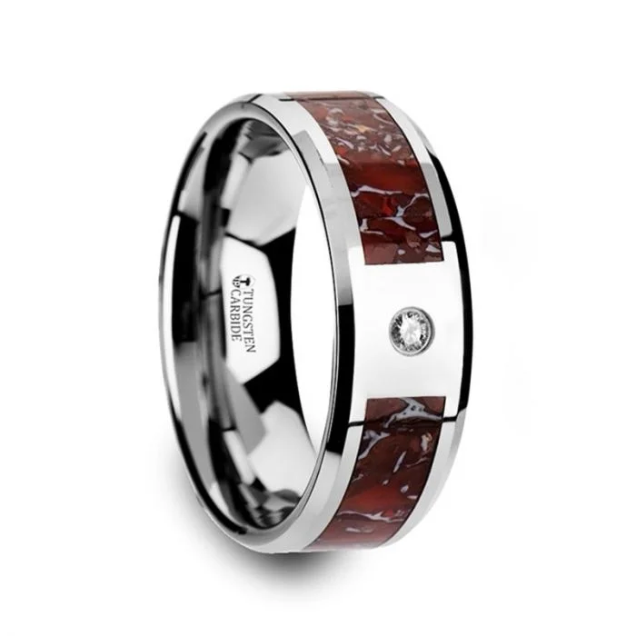 Women’s custom engagement rings with diamonds-Tungsten Men's Wedding Band with Red Dinosaur Bone Inlay & Diamond