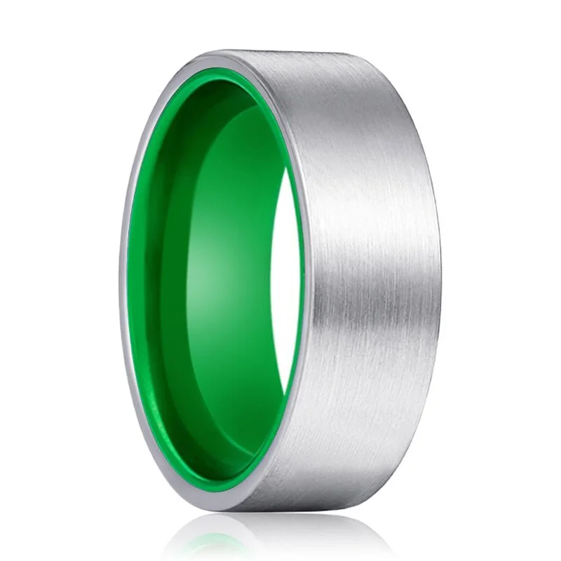 Women’s eternity band-GIANT | Green Ring, Silver Tungsten Ring, Brushed, Flat