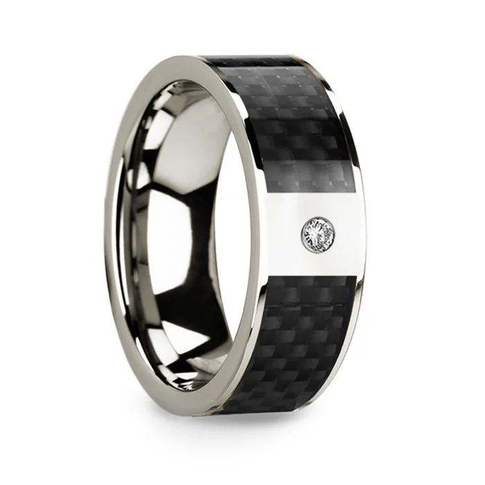 Women’s engagement rings with contemporary designs-14k White Gold Men's Wedding Band with Black Carbon Fiber Inlay & Diamond