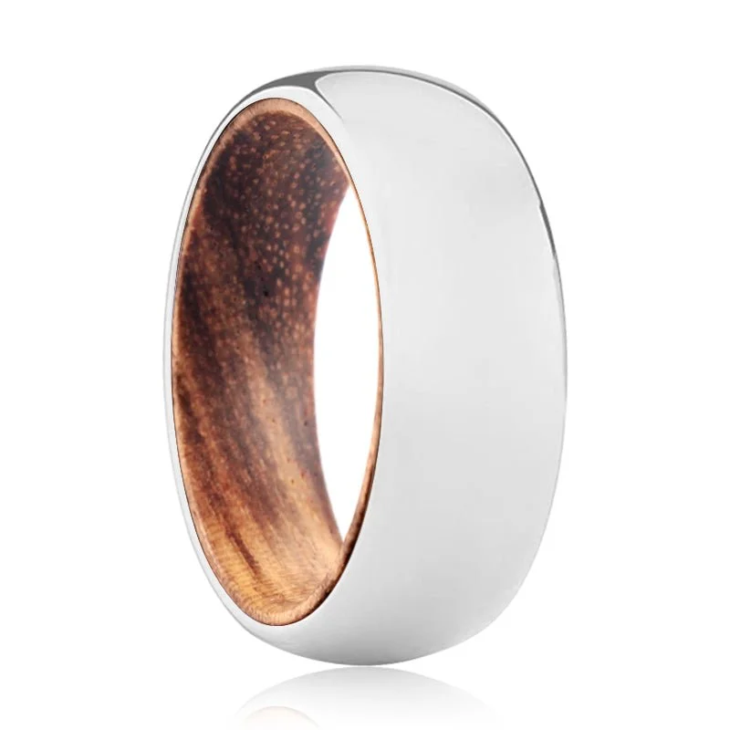 Women’s halo ring-LIBERTY | Zebra Wood, Silver Tungsten Ring, Shiny, Domed