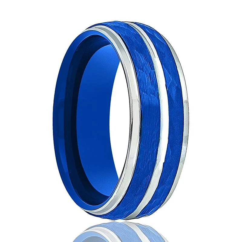 Women’s spiritual ring-KAMIKAZE | Blue Tungsten Ring, Silver Groove, Domed