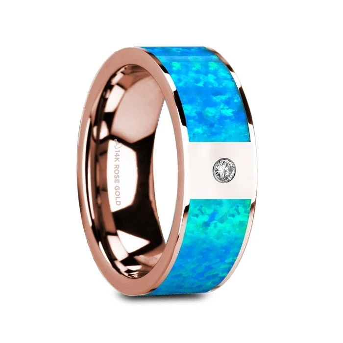 Women’s elegant engagement rings-14k Rose Gold Men's Wedding Band with Blue Opal Inlay & Diamond