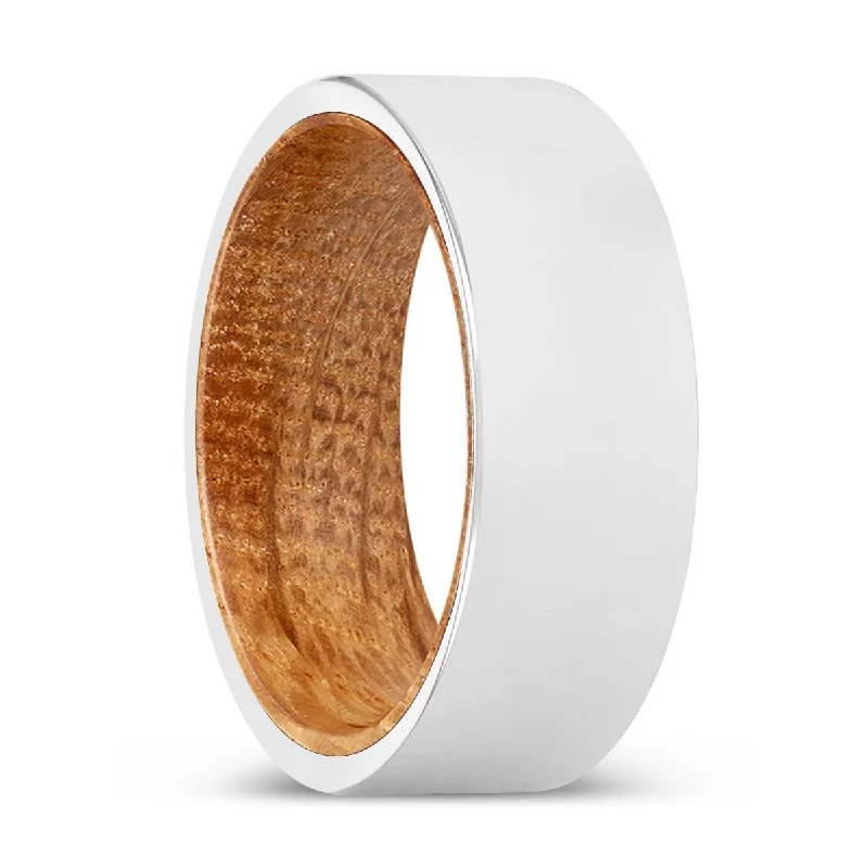 Women’s vintage ring-FORREST | Whiskey Barrel Wood, Silver Tungsten Ring, Shiny, Flat