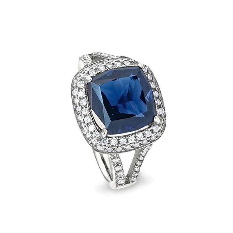 Women’s engagement rings with pearl-Emerald Cut Ring with Synthetic Blue Sapphire and Simulated Diamonds