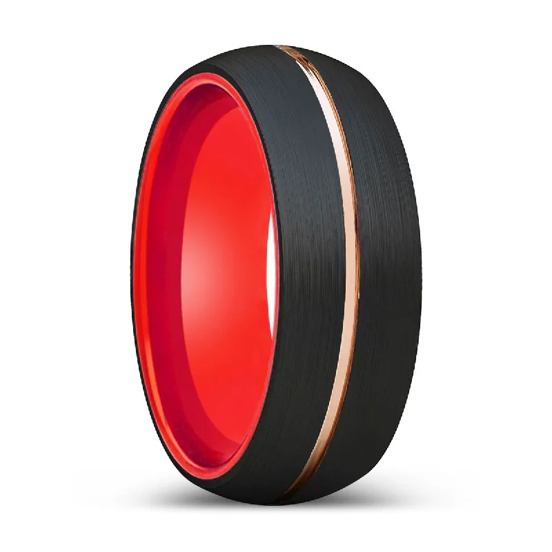 Women’s heart-shaped ring-BOLD | Red Ring, Black Tungsten Ring, Rose Gold Groove, Domed