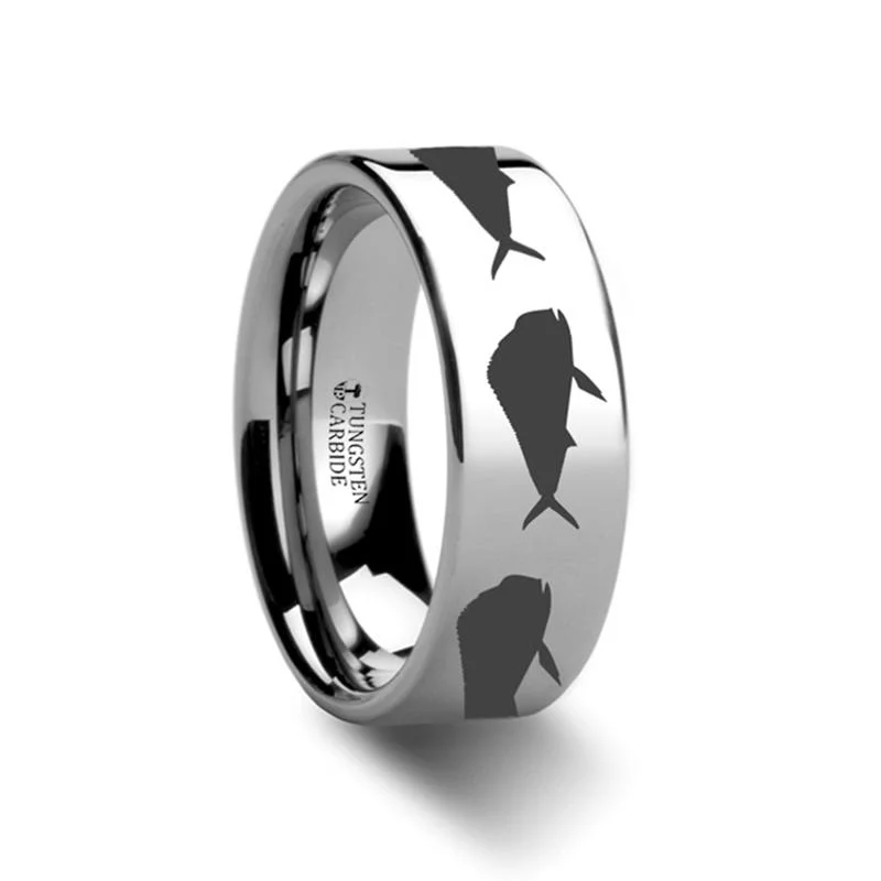 Women’s wide band ring-Mahi Fish Jumping Sea Pattern Print Laser Engraved Flat Tungsten Couple Matching Ring - 4MM - 12MM