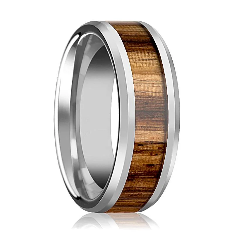 Women’s silver gemstone ring-PALMALETTO | Silver Tungsten Ring, Zebra Wood Inlay, Beveled