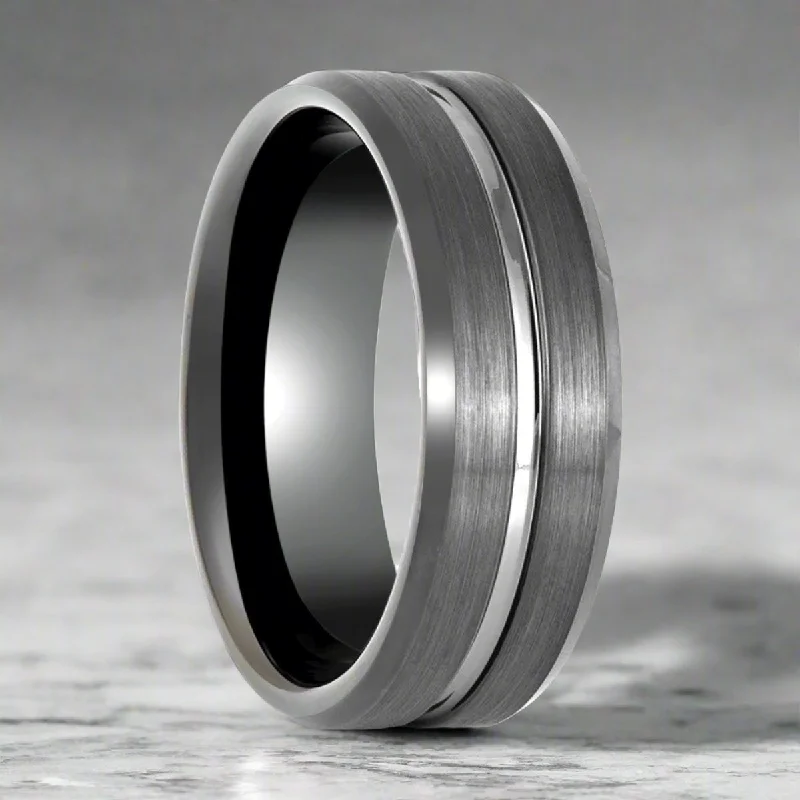 Women’s black diamond ring-ECHORIDGE | Gun Metal Ring, Grooved Center, Brushed Beveled Edge