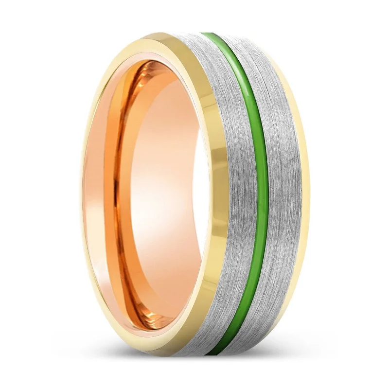 Women’s simple wedding ring-RAVAGER | Rose Gold Ring, Silver Tungsten Ring, Green Groove, Gold Beveled Edge