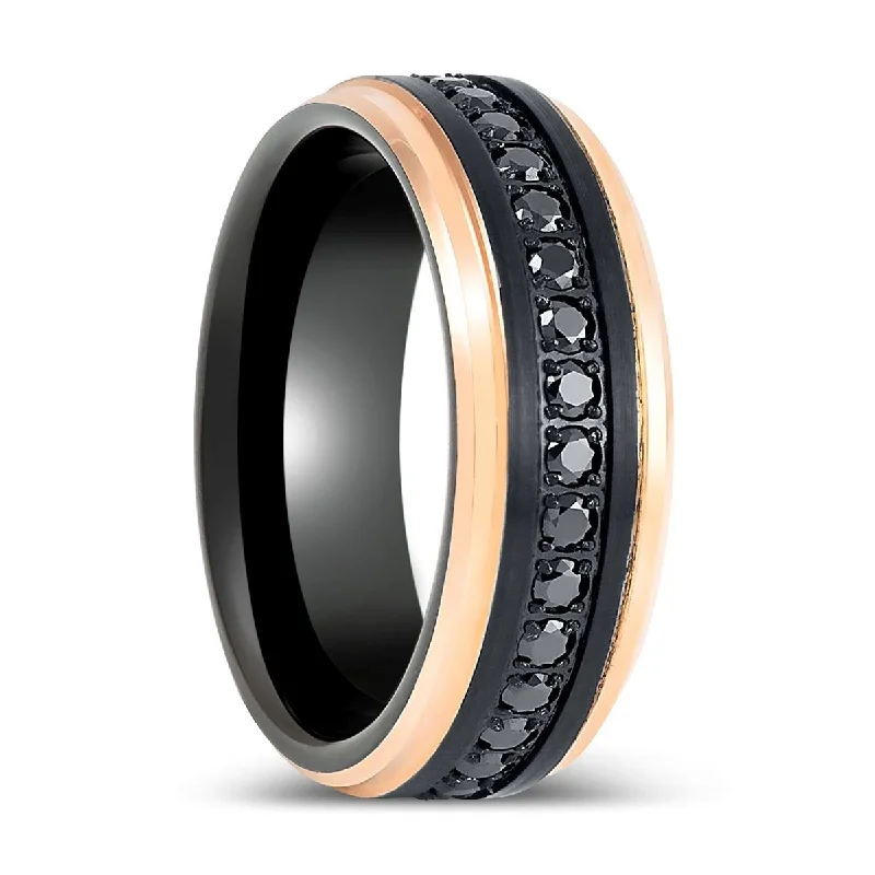 Women’s aquamarine ring-PASSINO | Black Tungsten Ring with Rose Gold Edges and Black CZ