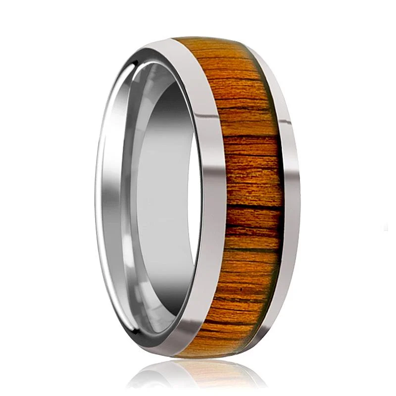 Women’s diamond infinity ring-KAMEHA | Silver Tungste Ring, Koa Wood Inlay, Domed