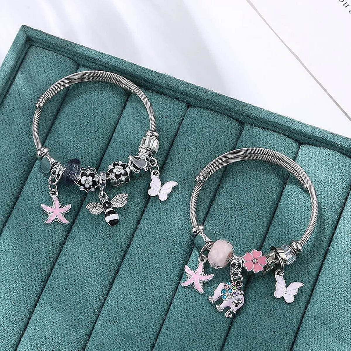 Women’s silver bracelet set-Cute Sweet Starfish Bee Bow Knot Stainless Steel Plating Bangle