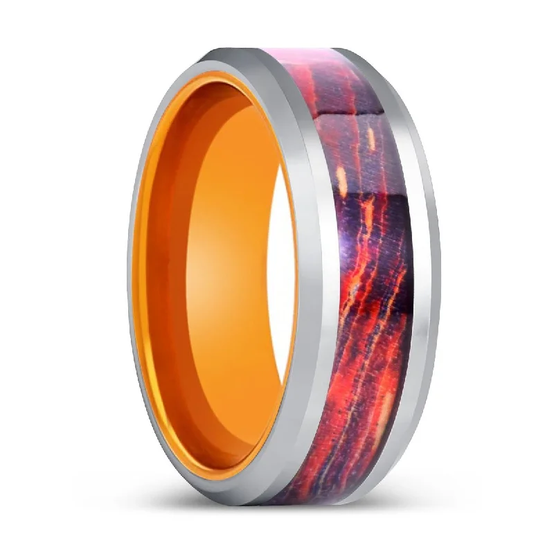 Women’s polished ring-GALAXIUM | Orange Tungsten Ring, Galaxy Wood Inlay Ring, Silver Edges