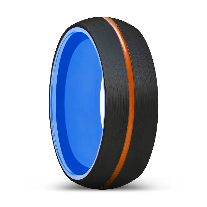 Women’s vintage-inspired ring-NOMAD | Blue Ring, Black Tungsten Ring, Orange Groove, Domed