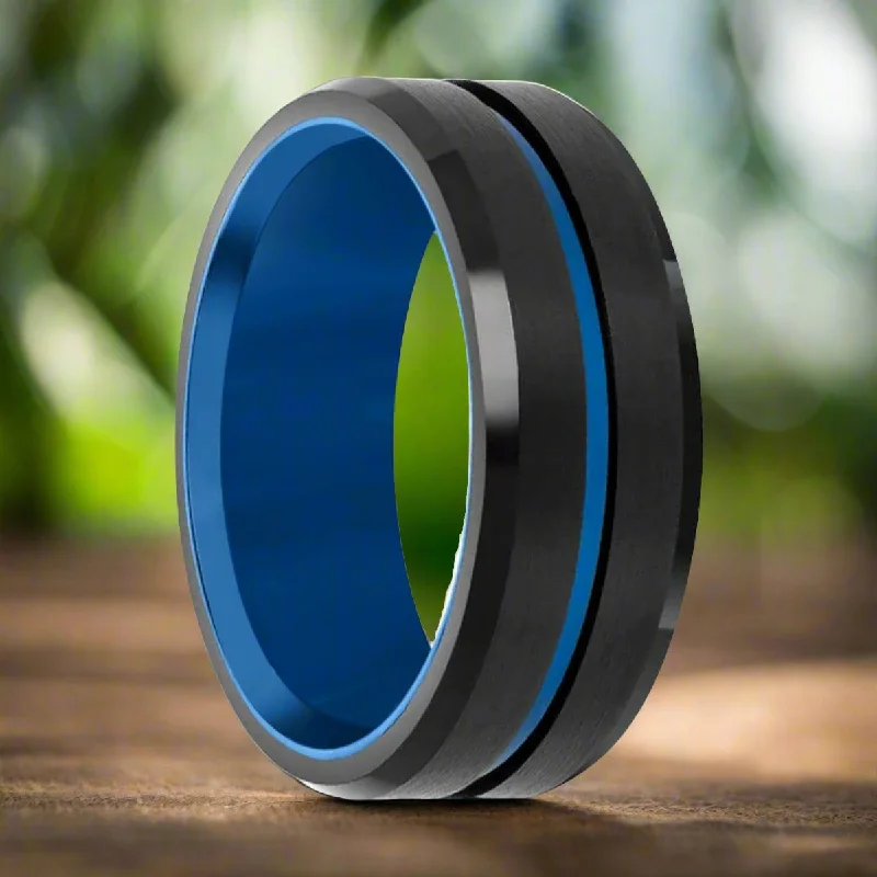 Women’s heart-cut ring-BLUEWAVE | Blue Tungsten Ring, Brushed, Blue Grooved Center, Beveled