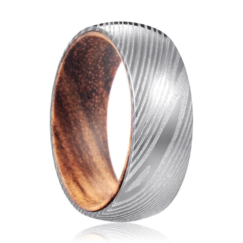 Women’s rose gold diamond ring-DEVATT | Zebra Wood, Silver Damascus Steel, Domed