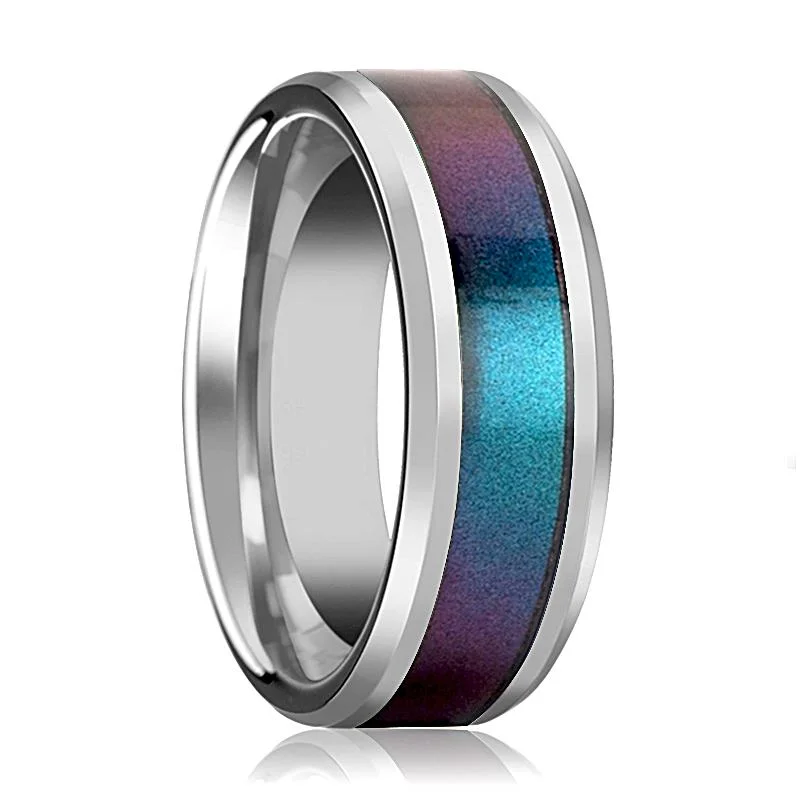 Women’s pear-shaped ring-STINGRAY | Silver Tungsten Ring, Blue Purple Color Changing Inlay, Beveled