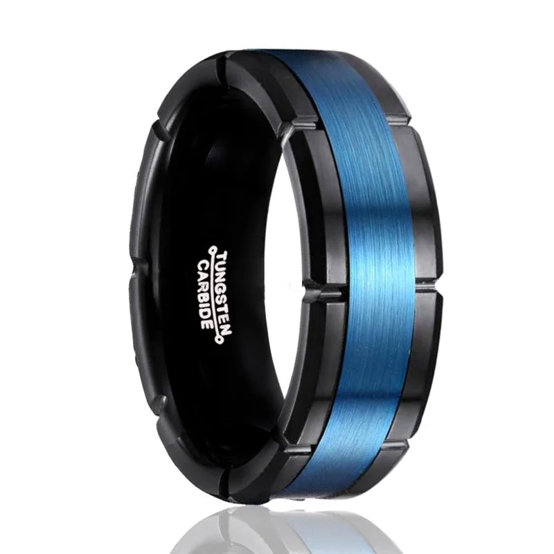 Women’s solitaire ring-BLIZZARD | Black Tungsten Ring, Blue Brushed Stripe, Notches, Flat