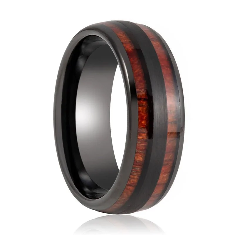 Women’s stackable rings-DAPPER | Black Tungsten Ring, Double Koa Wood Inlay, Domed