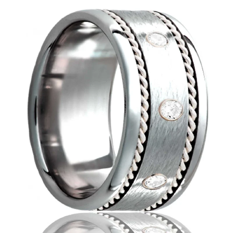 Women’s white gold engagement rings-Triple Diamond & Dual Hand Woven Argentium Silver Inlay Satin Finish Cobalt Wedding Band