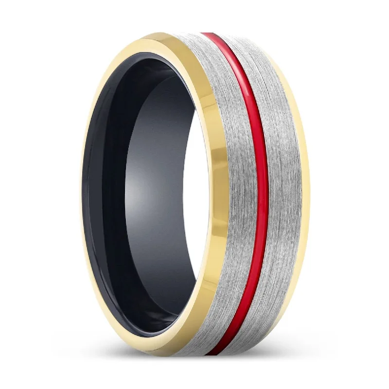 Women’s solitaire ring-ATOM | Black Ring, Silver Tungsten Ring, Red Groove, Gold Beveled Edge