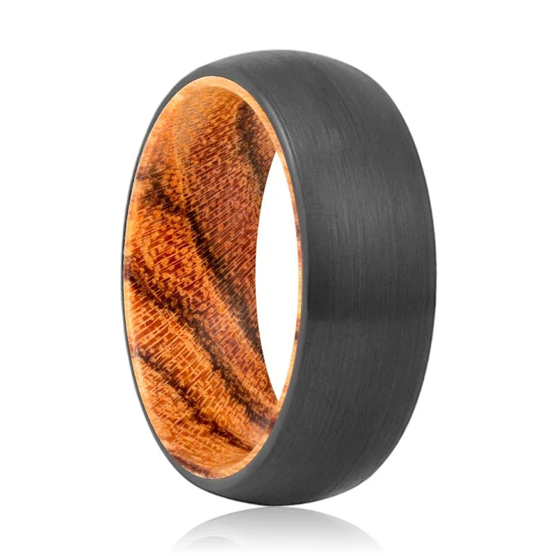 Women’s gemstone ring-GRAIN | Bocote Wood, Black Tungsten Ring, Brushed, Domed