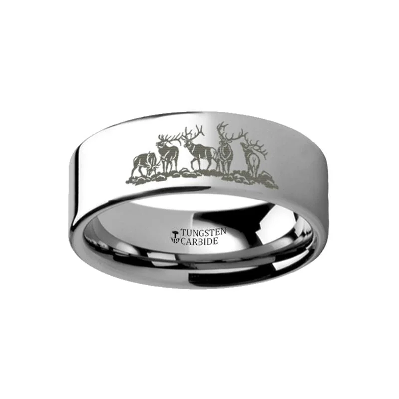 Women’s three-stone ring-Laser Engraved FIve Deer Stag Hunting Print Flat Tungsten Couple Matching Ring - 4MM - 12MM