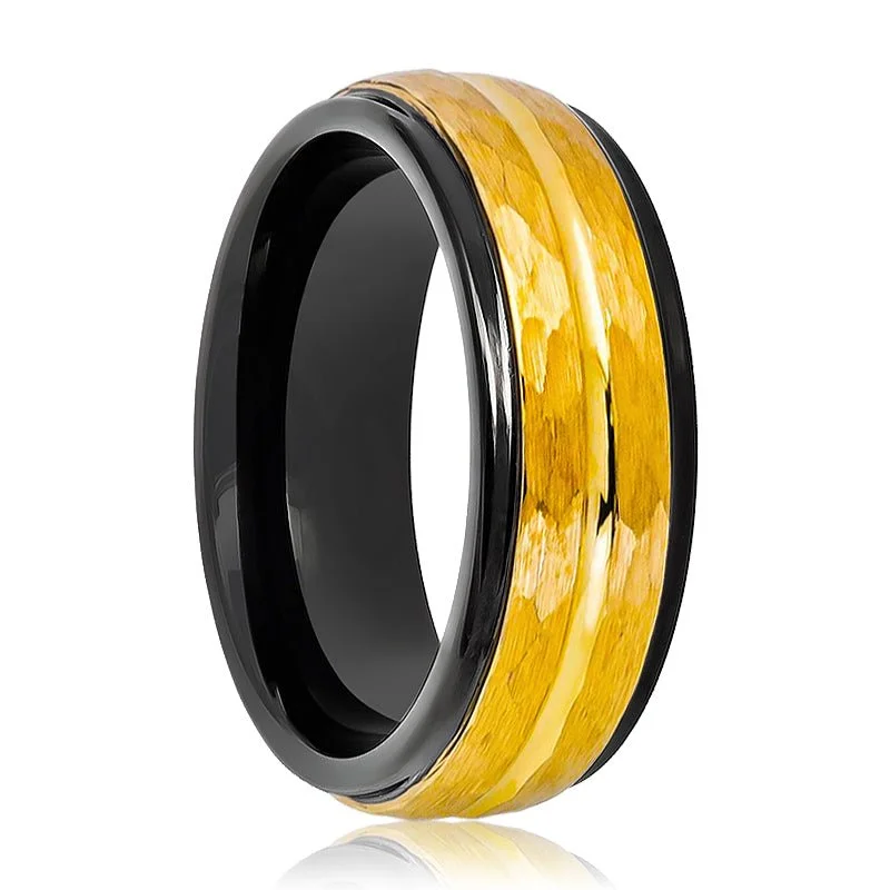 Women’s diamond ring-Two Tone Black Inside and yellow Gold Hammered Finish with Center Groove Stepped Edge