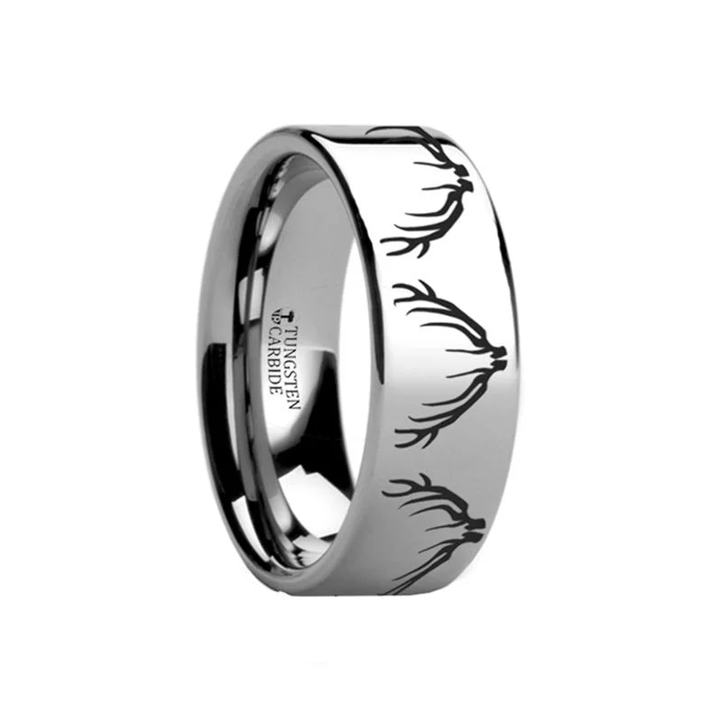 Women’s yellow gold ring-Elk | Tungsten Ring Antler Laser Engraved