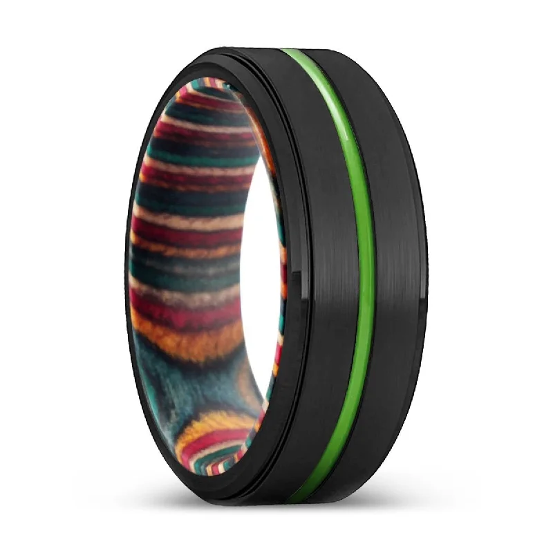 Women’s heart-shaped ring-PALMDALE | Multi Color Wood, Black Tungsten Ring, Green Groove, Stepped Edge