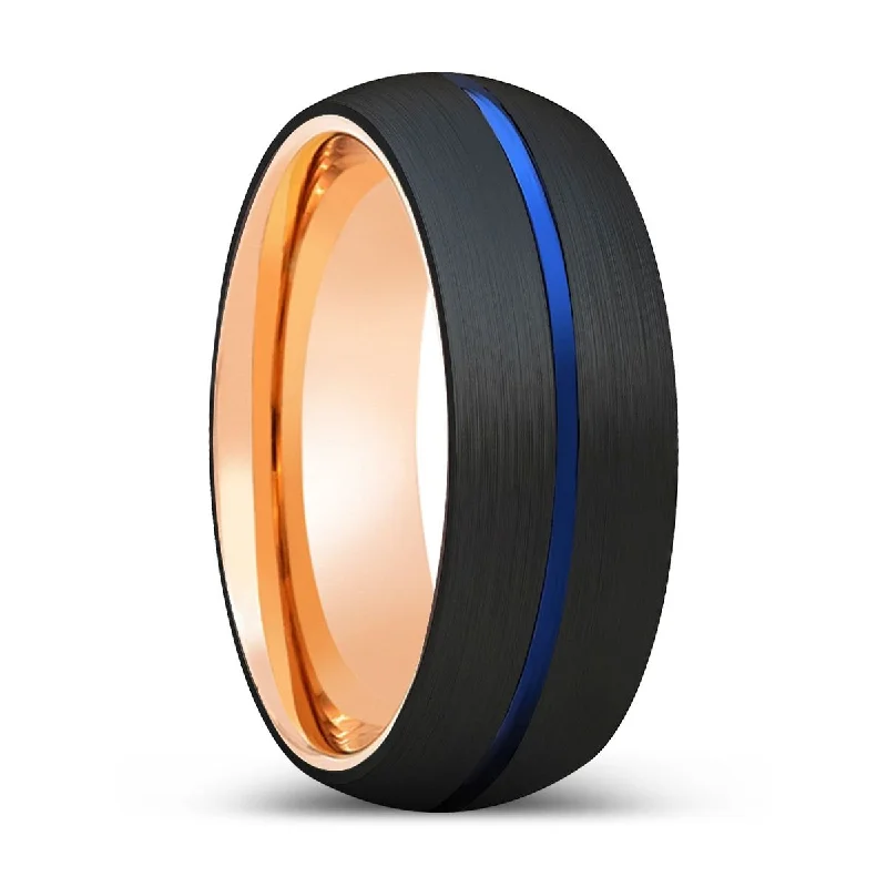 Women’s pear-shaped ring-JAVA | Rose Gold Ring, Black Tungsten Ring, Blue Groove, Domed