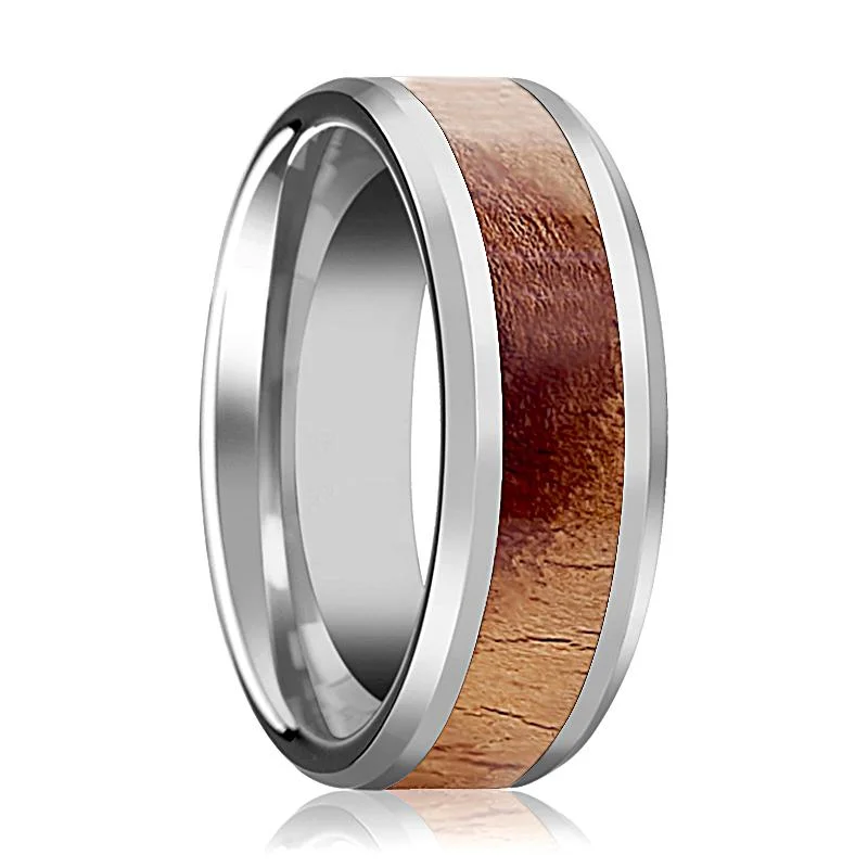 Women’s silver ring-OLLIVANDER | Silver Tungsten Ring, Olive Wood Inlay, Beveled