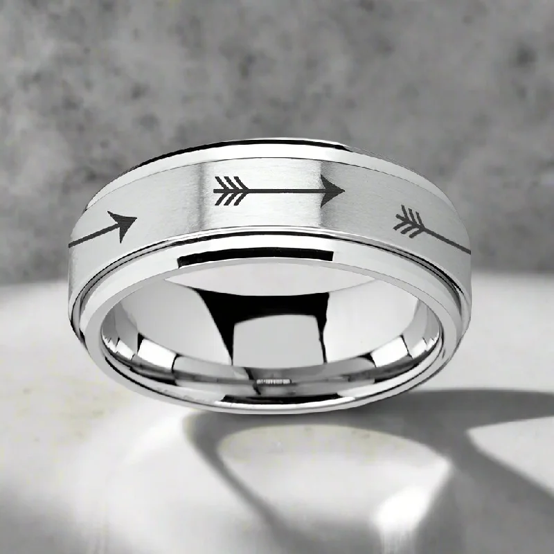 Women’s side-stone ring-TARGET | Silver Tungsten Ring, Fidget Spinner, Laser Engraved Arrows, Beveled