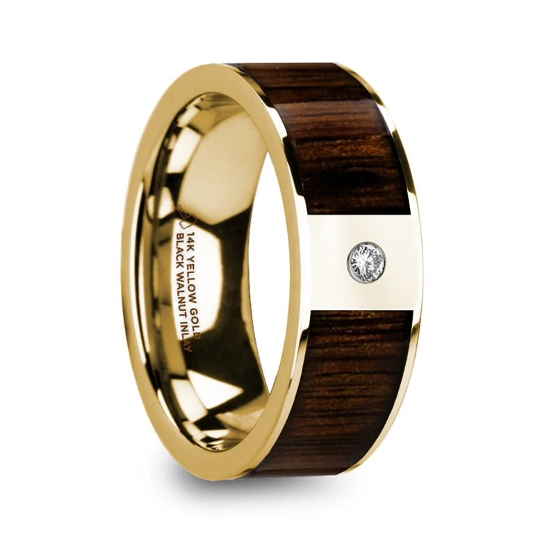 Women’s white gold engagement rings-14k Yellow Gold Men's Wedding Band with Black Walnut Wood Inlay & Diamond