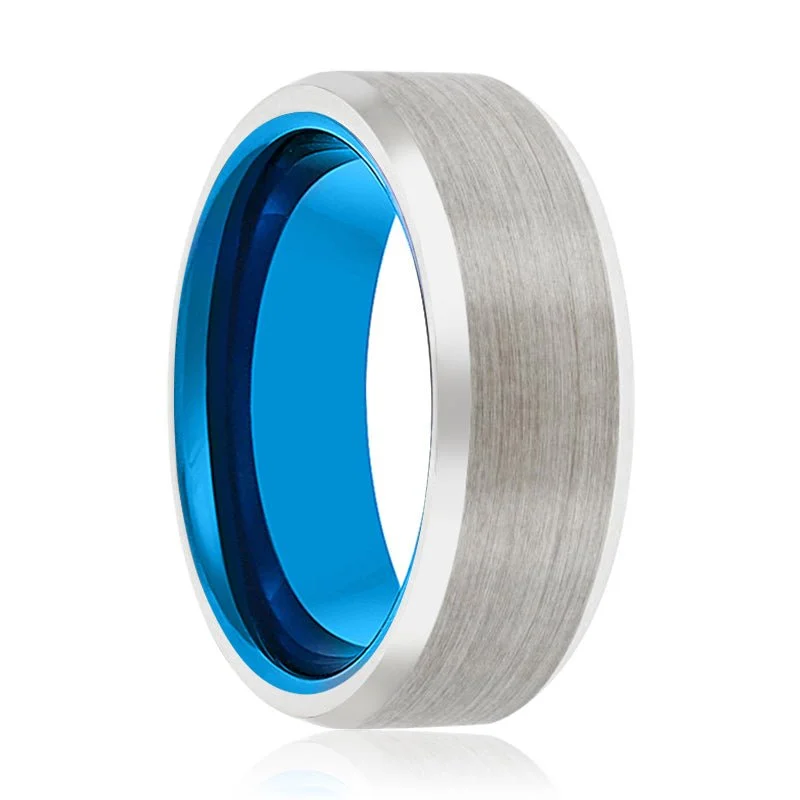 Women’s handcrafted gold ring-IBIZA | Blue Tungsten Ring, Silver Tungsten Ring, Brushed, Beveled