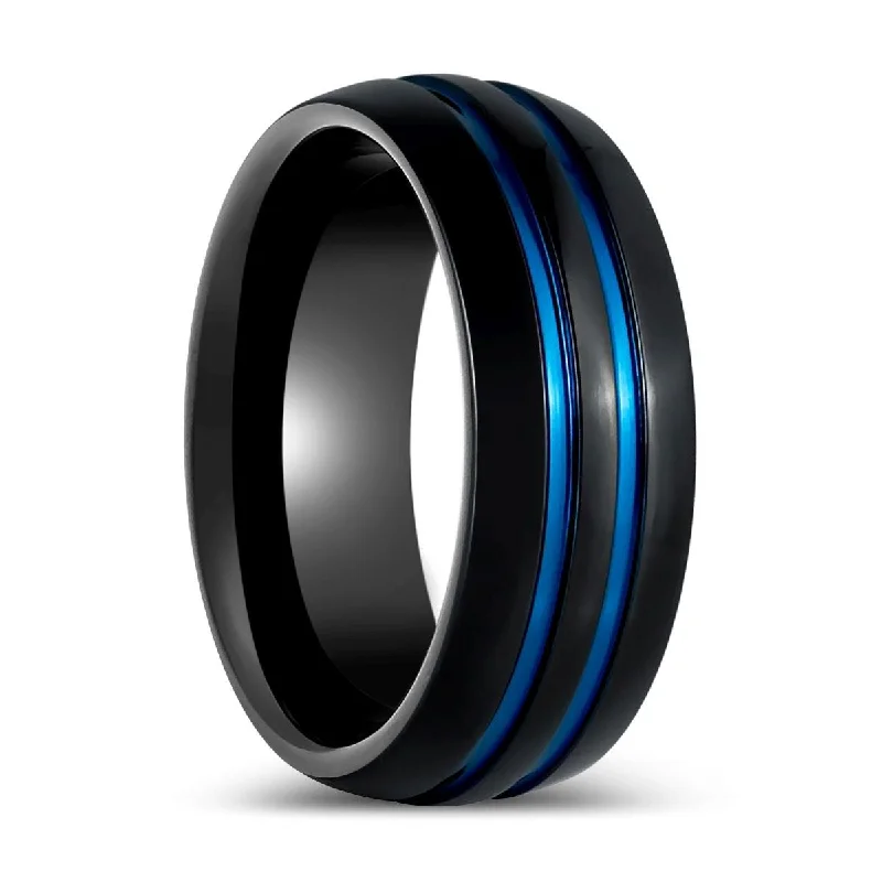 Women’s vintage-inspired ring-PETROS | Black Tungsten Ring Two Blue Grooves