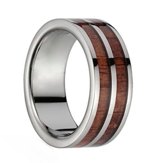 Women’s white gold engagement rings-Diamond Faceted Men's Tungsten Wedding Band with Koa Wood Inlay