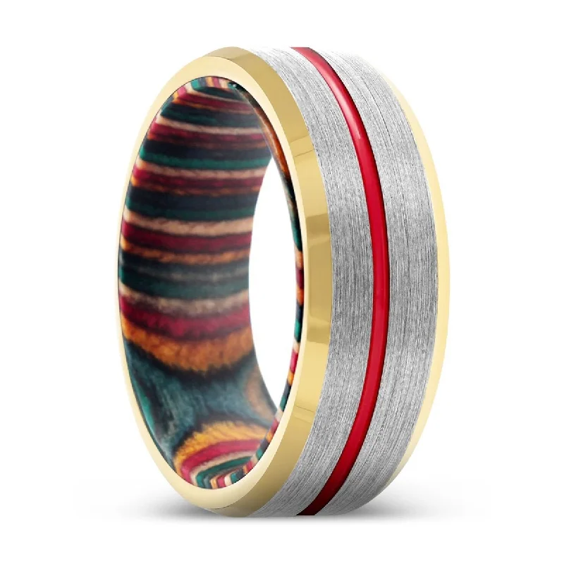 Women’s minimalist ring-TRIBUTARY | Multi Color Wood, Silver Tungsten Ring, Red Groove, Gold Beveled Edge