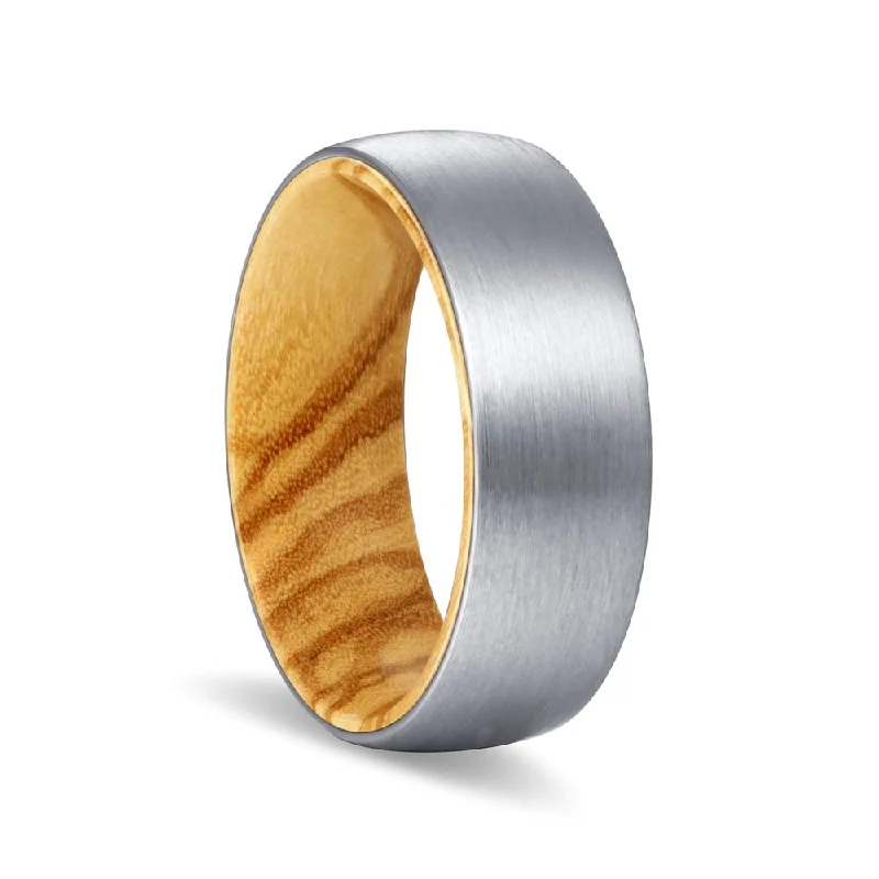 Women’s platinum engagement ring-ARBOR | Olive Wood, Silver Tungsten Ring, Brushed, Domed