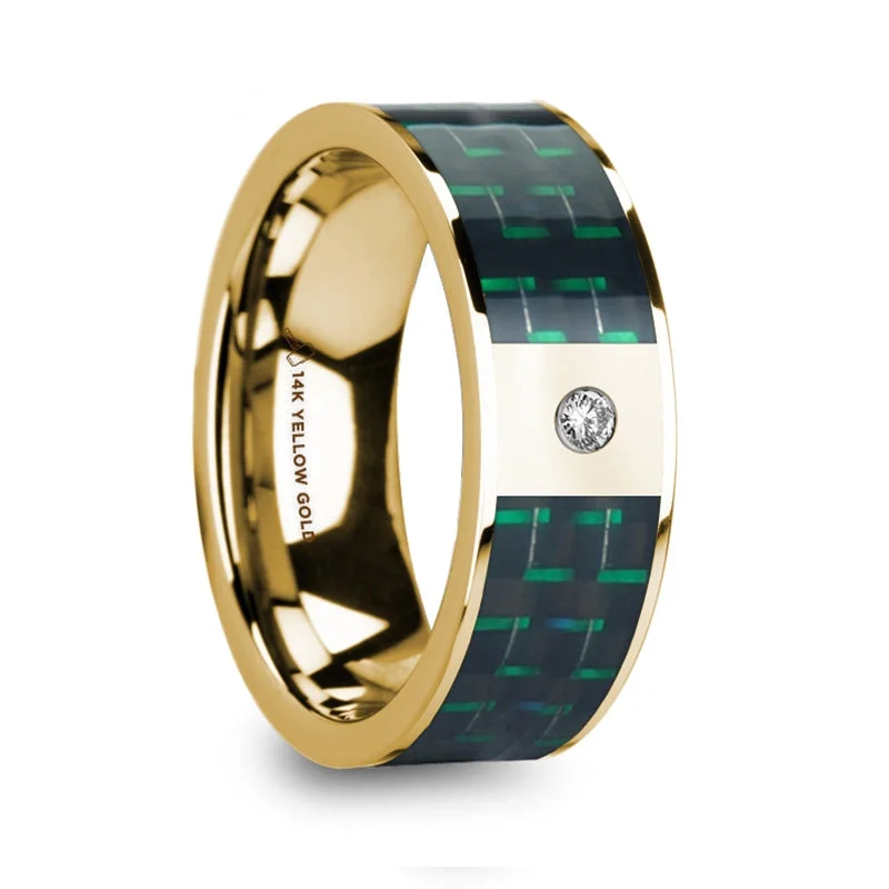 Women’s diamond engagement rings with a twist-14k Yellow Gold Men's Wedding Band with Black & Green Carbon Fiber Inlay and Diamond