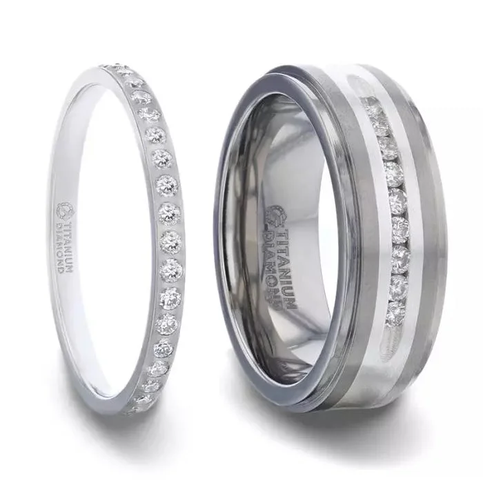 Women’s engagement rings with sapphire-Diamond & Titanium Couple's Matching Wedding Band Set