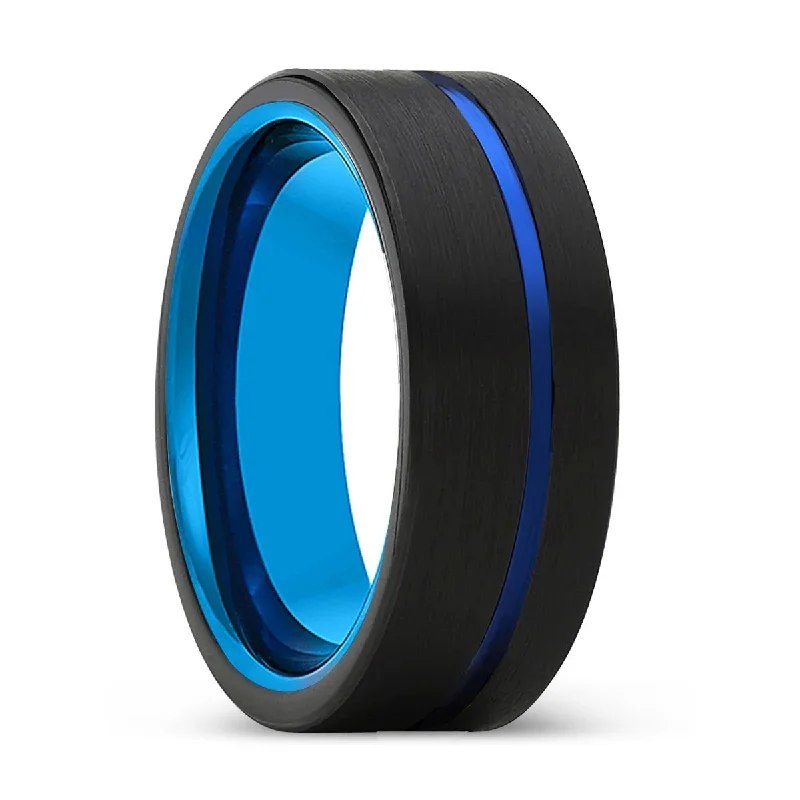 Women’s cubic zirconia ring-NORTHSTAR | Blue Tungsten Ring, Black Tungsten Ring, Blue Offset Groove, Flat