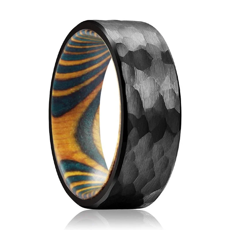 Women’s eternity ring-CROSSCUT | Green and Yellow Wood, Black Tungsten Ring, Hammered, Flat