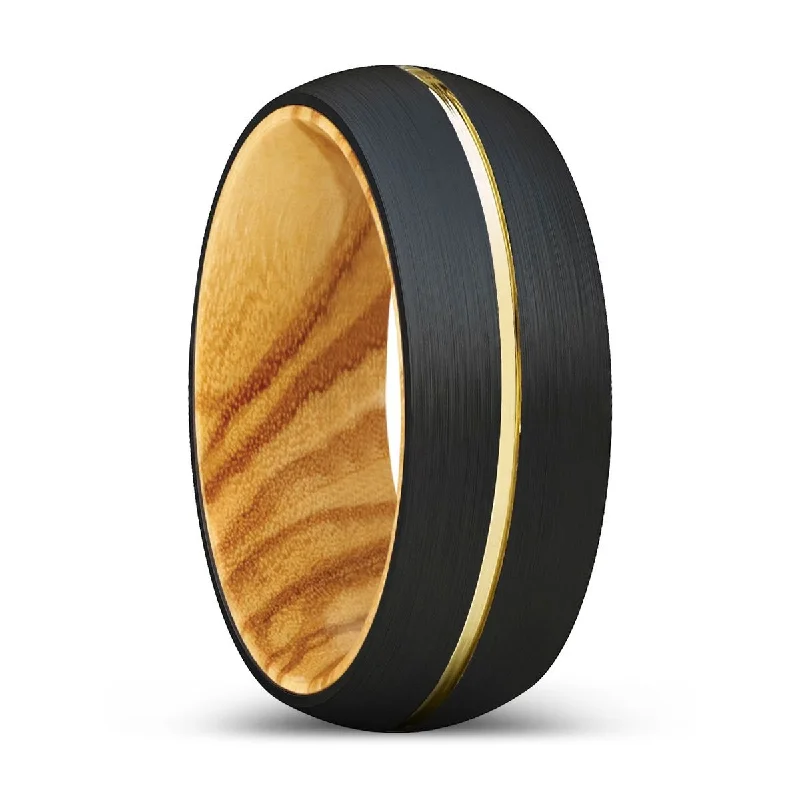 Women’s heart-cut ring-AGONIA | Olive Wood, Black Tungsten Ring, Gold Groove, Domed