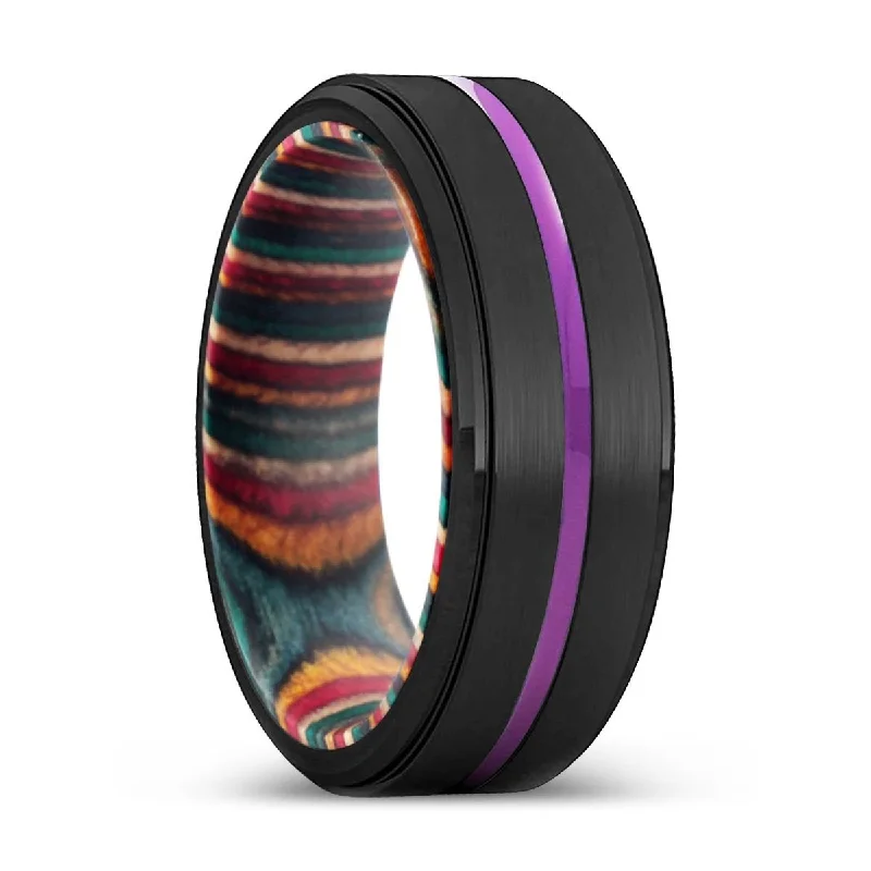 Women’s custom ring-NOWRA | Multi Color Wood, Black Tungsten Ring, Purple Groove, Stepped Edge