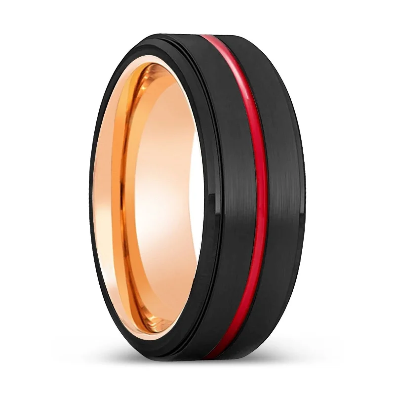 Women’s alternative ring-UNDERTAKER | Rose Gold Ring, Black Tungsten Ring, Red Groove, Stepped Edge